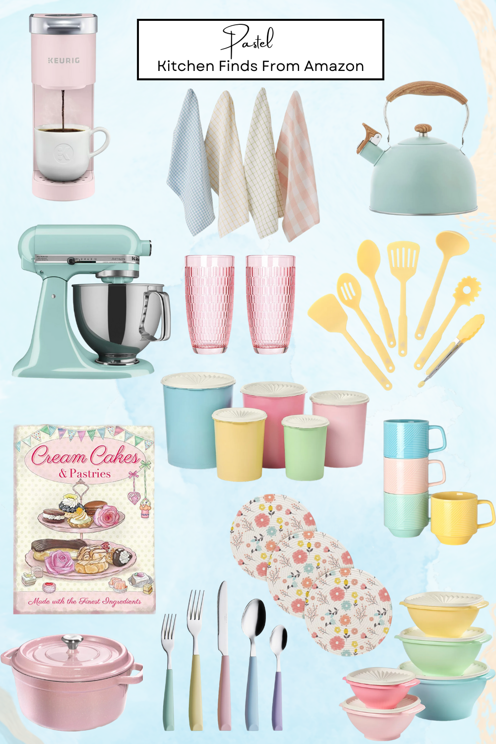 pastel kitchen products: Dutch Oven, Tupperware, mixer, cups, utensils, keurig, towels, trivets, Decor, and more.