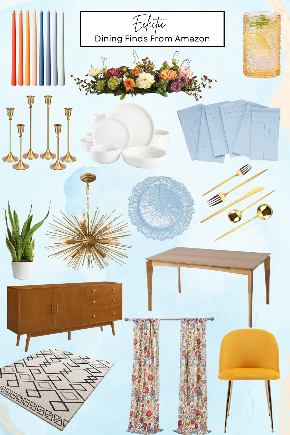 Products For an Eclectic Dining Room: dining table, dining chairs, lighting, curtains, dishes, glassware, candles, area rug, and more decor.