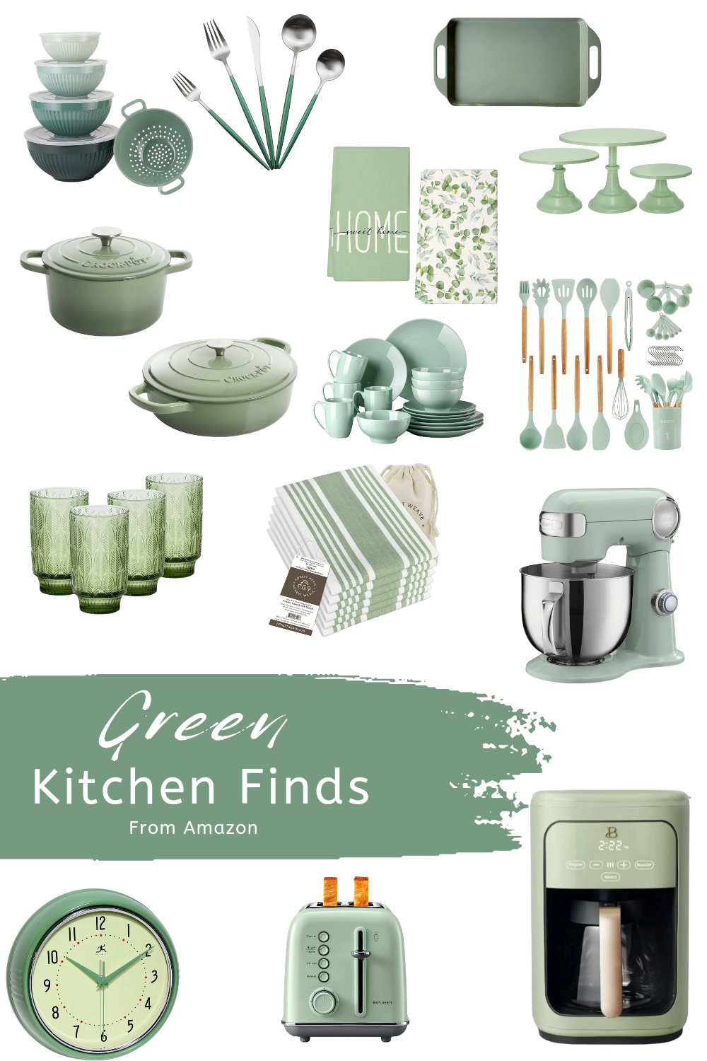 Products For a green colored kitchen: mixer, Dutch ovens, Toaster, glassware, dinnerware, serveware, utensils, towels, and more.