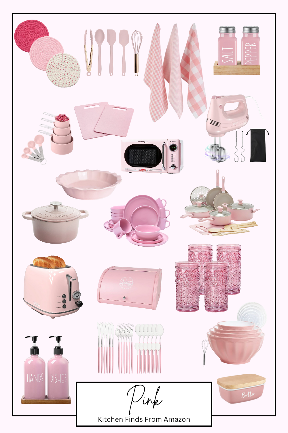 Pink kitchen products: dinnerware, drinkware, cookware, bakeware, towels, Toaster, microwave, utensils, and more.