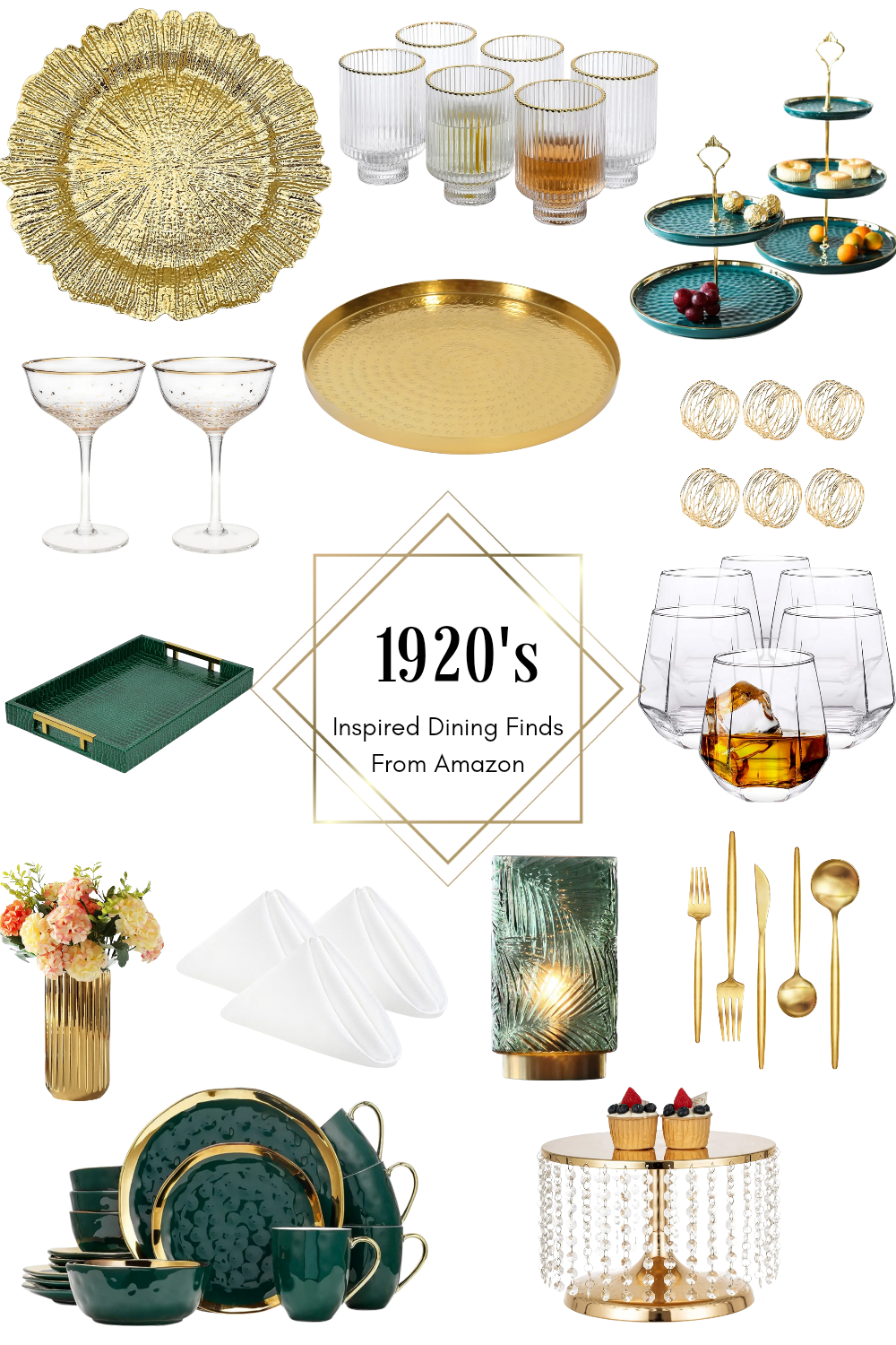 art deco inspired dining and serving products: emerald and gold dinnerware and serveware including dishes, serving trays, glassware, silverware, and other decorative accents.