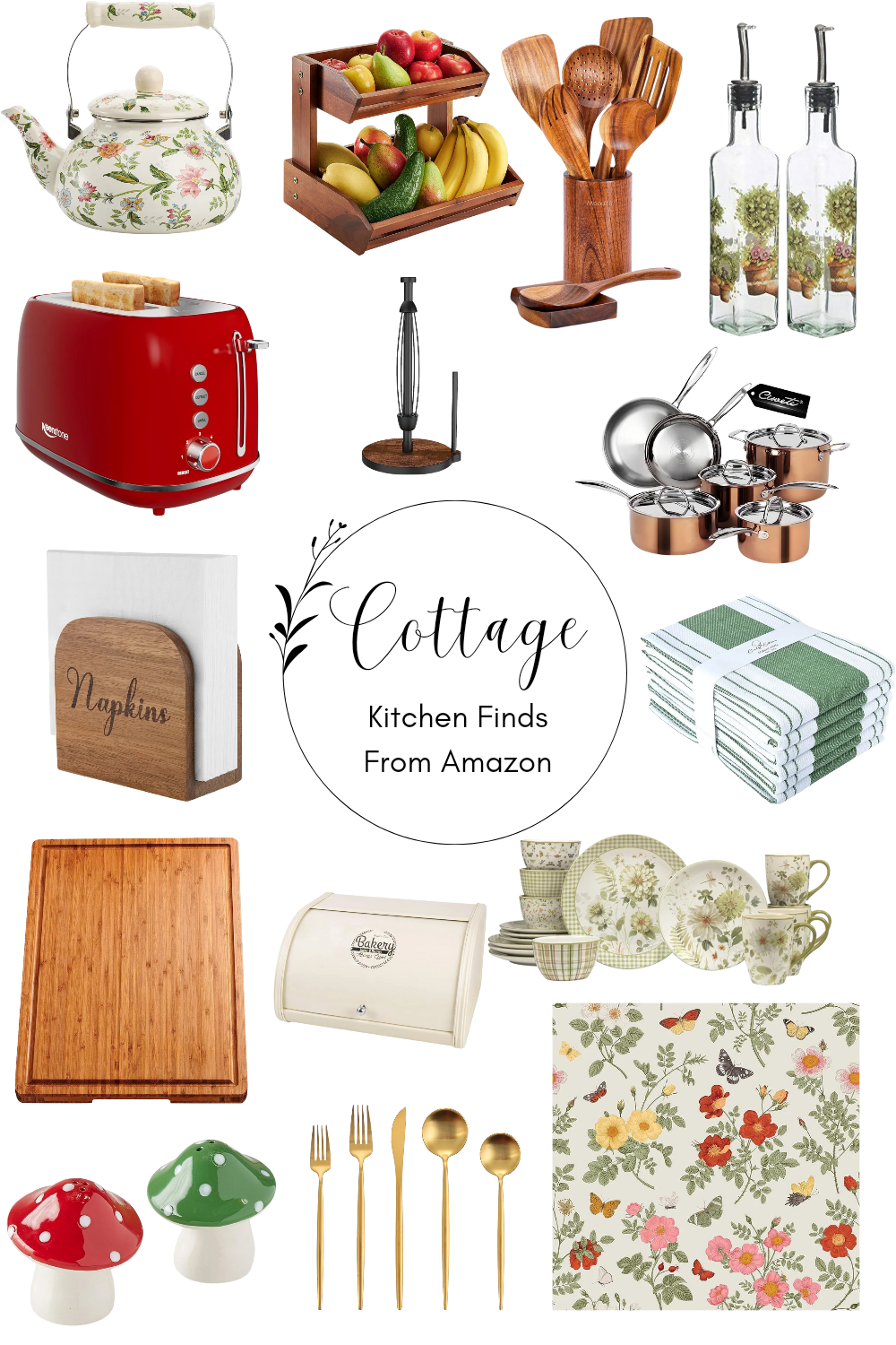 Products For a cottage kitchen: dishes, cookware, towels, bread box, silverware, wallpaper, toaster, teapot, and more.