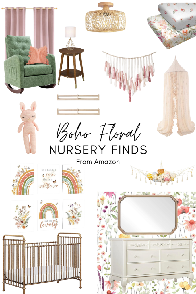 Products For a boho floral themed nursery: crib, dresser, mirror, wallpaper, curtains, lighting, wall art, decorative accents, and more.