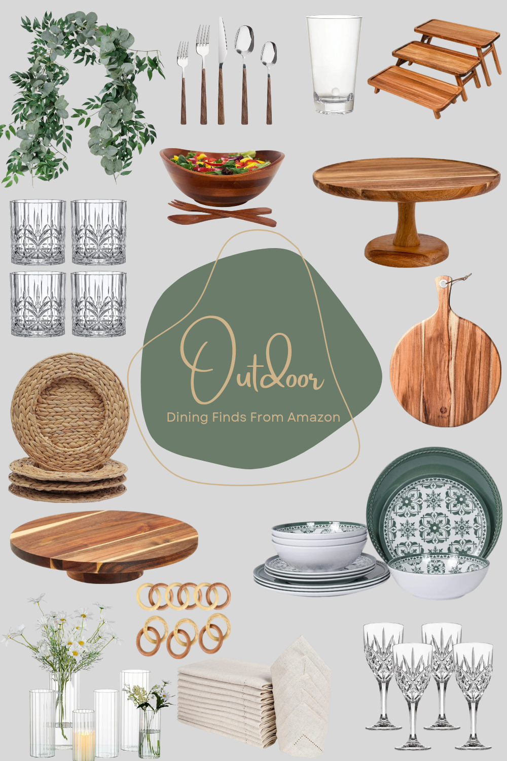 Products For Outdoor dining: dish set, acrylic cups, napkins, serveware, table decor, and more.