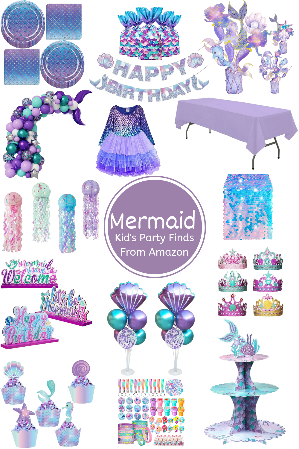 Products For a mermaid party: balloons, table clothes, plates, serveware, party dress, favors, table decor, and more.