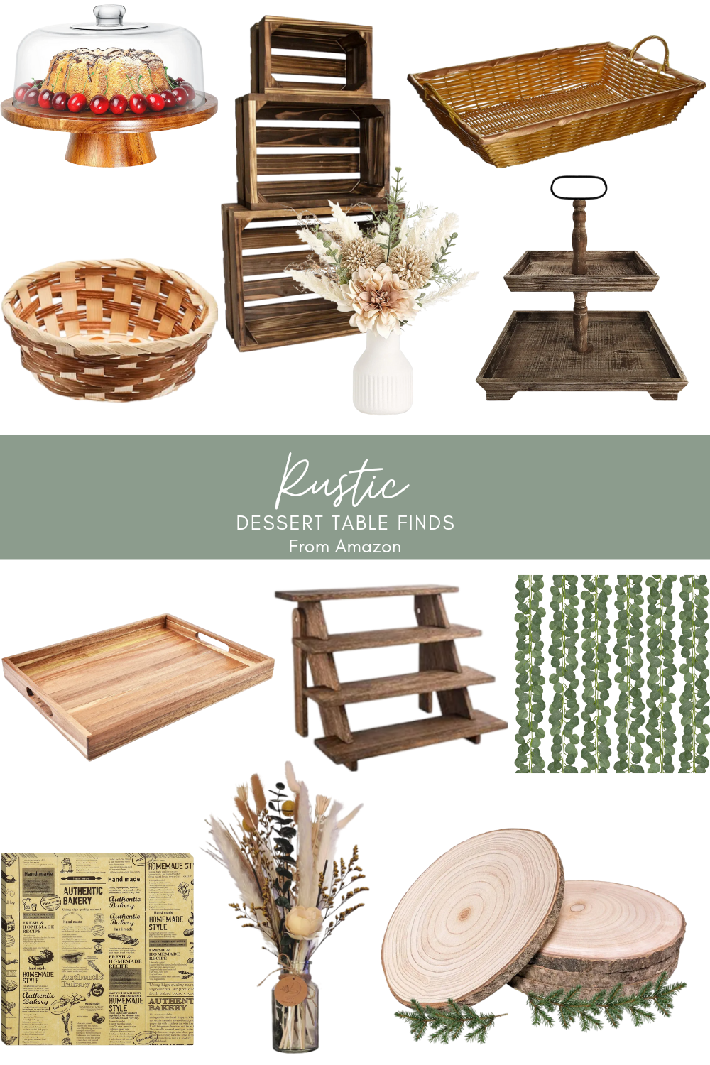 Products For a Rustic Dessert table: serving trays, cake stand, baskets, table decor, and more.