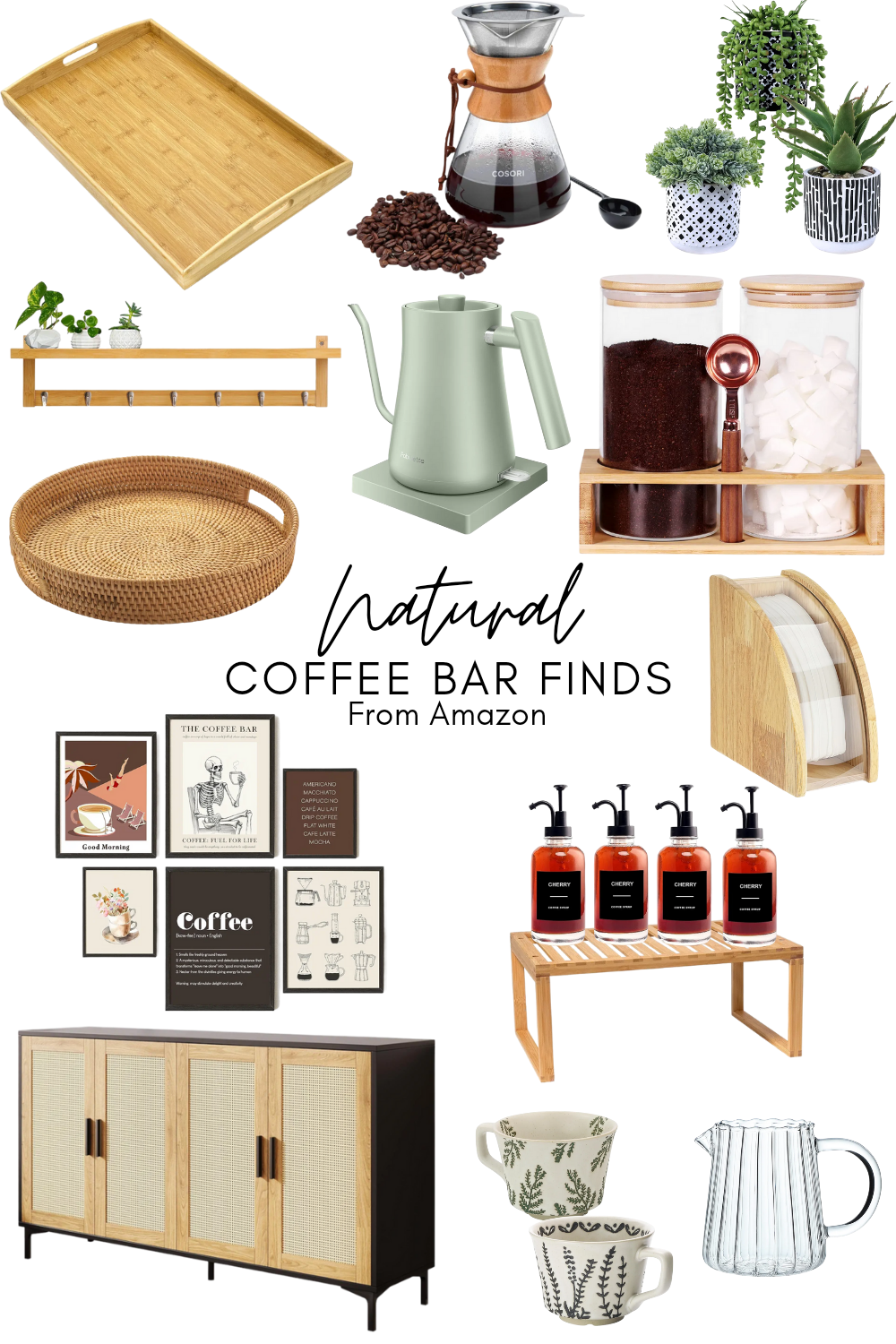 Products For a natural coffee bar: buffet cabinet, cups, dispensers, containers, kettle, wall art, greenery, and more.