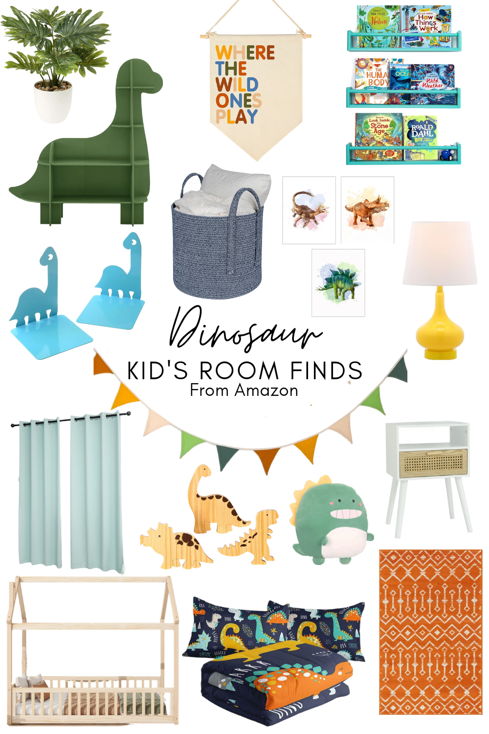 Recommended products for a Boy's dinosaur themed bedroom: bed, bedding, area rug, lamp, Nightstand, wall decor, decorative accents, and more.