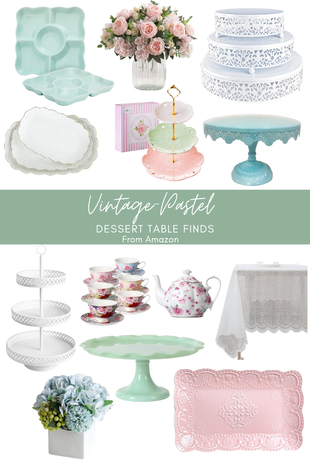 pastel serveware products: tea set, serving platters, cake stands, table cloth, table decor, and more.