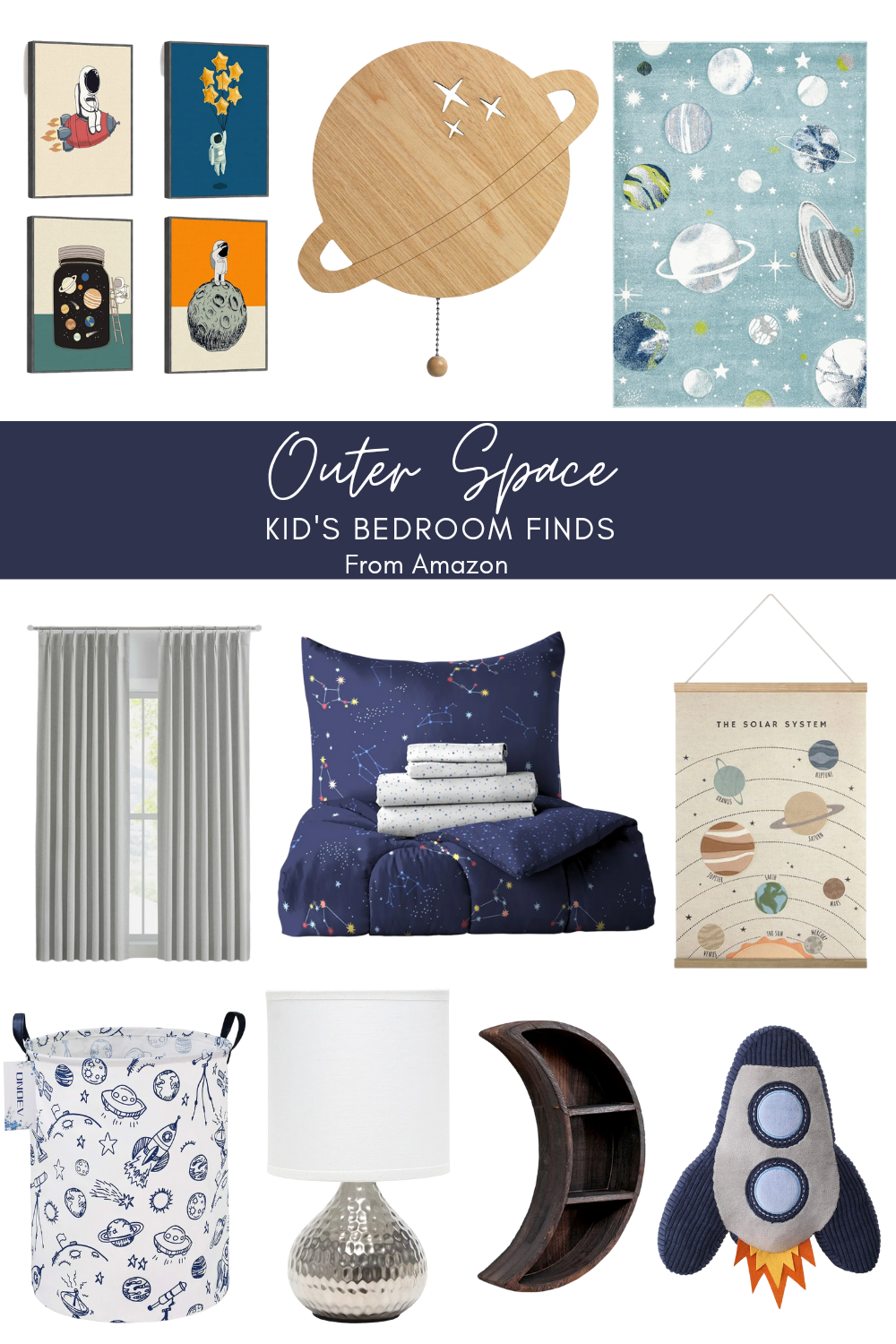 Space Themed Kid's bedroom decor: comforter, curtains, wall decor, rug, table lamp, pillow, hamper shelf.