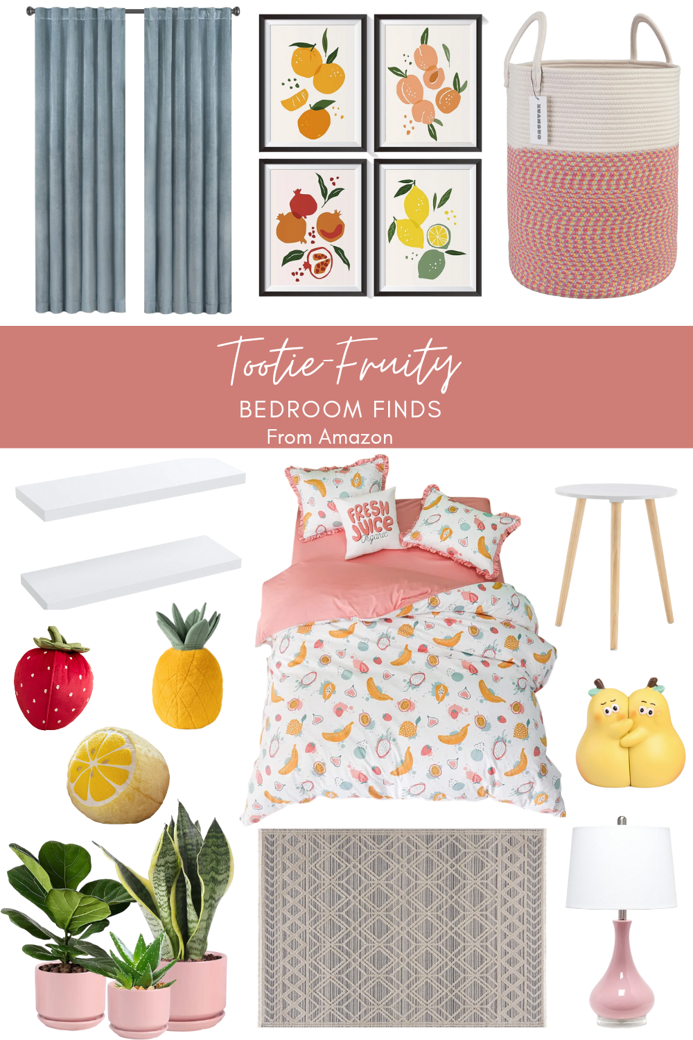 fruit themed bedroom decor: bedding, rug, curtains, Nightstand, lamp, shelves, wall decor, pillows, planters, and more.