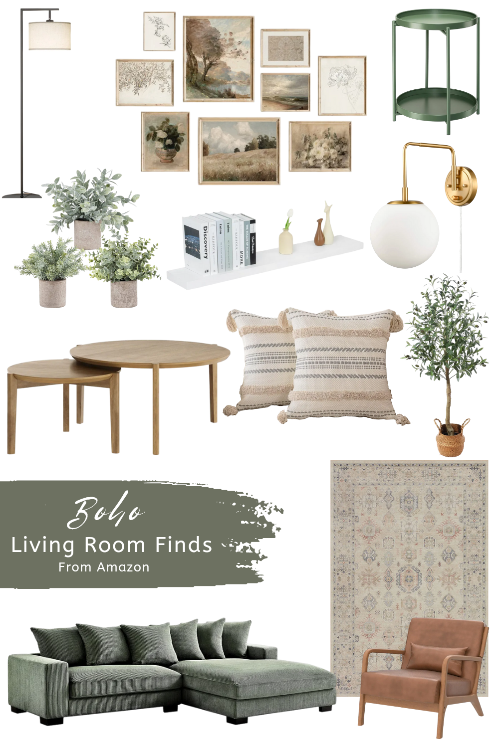 Products For a boho style living room- couch, chair, area rug, greenery, pillows, lighting, tables, wall art and more