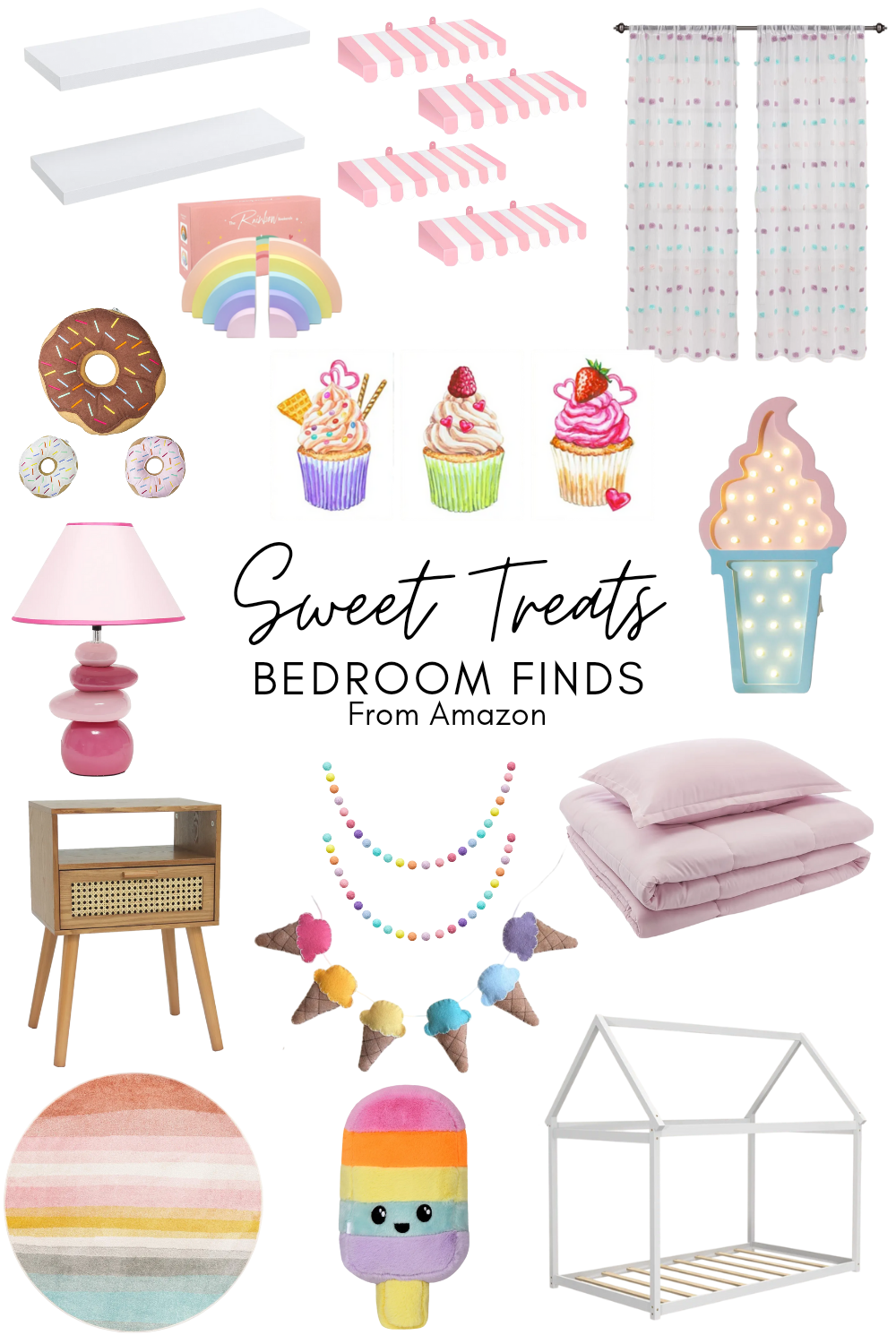 Products For a Dessert themed bedroom: bed, bedding, lamp, Nightstand, curtains, pillows, wall art, rug, and more.