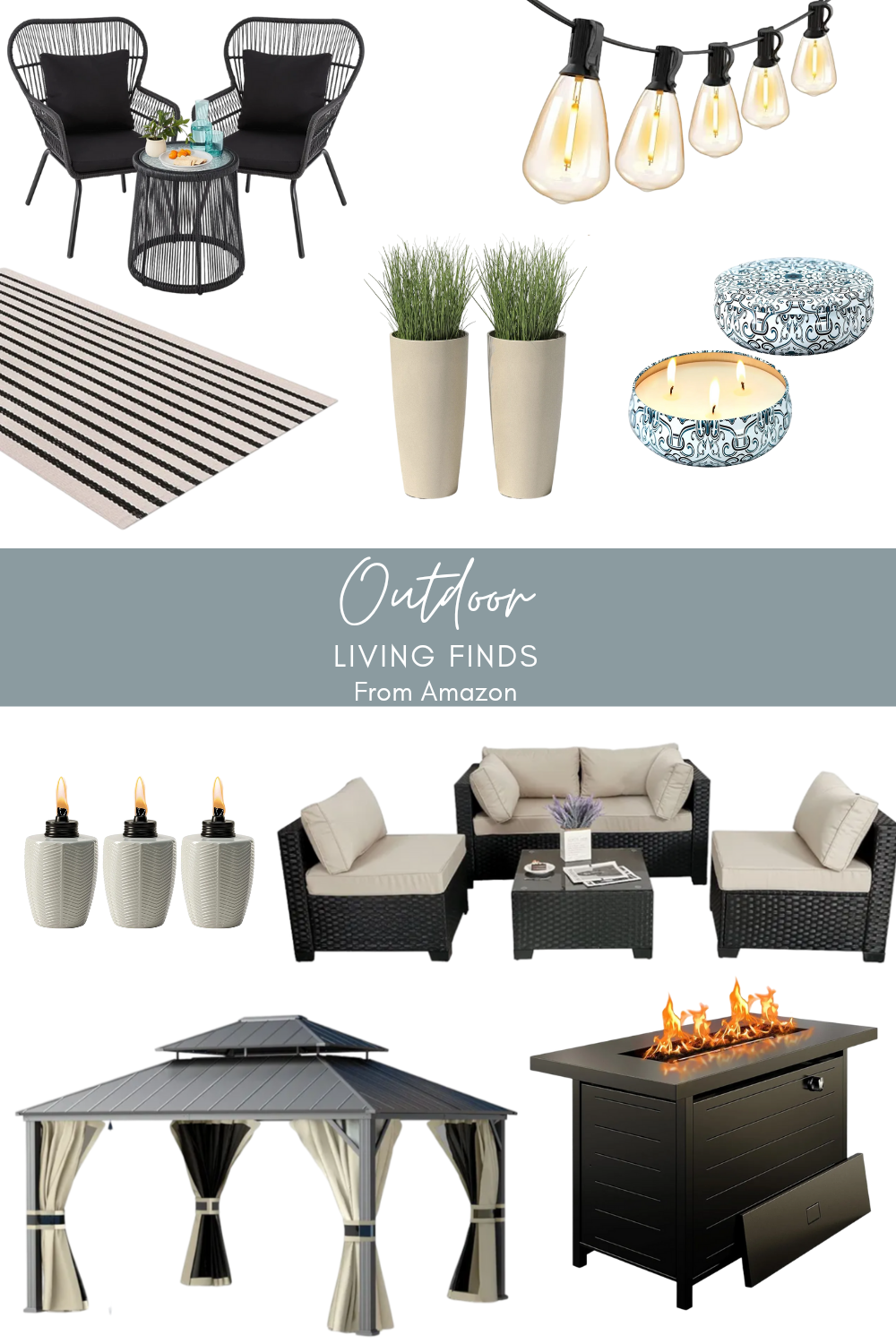 Products For an Outdoor Living Space: gazebo, seating, fire table, rug, Decor, and more.