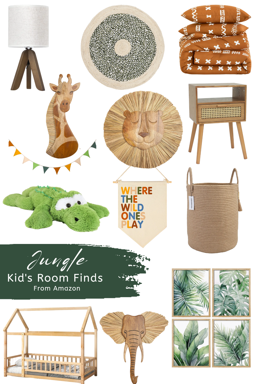 Products For a Jungle themed Kid's bedroom: bed, bedding, rug, Nightstand, lamp, wall decor, and more.