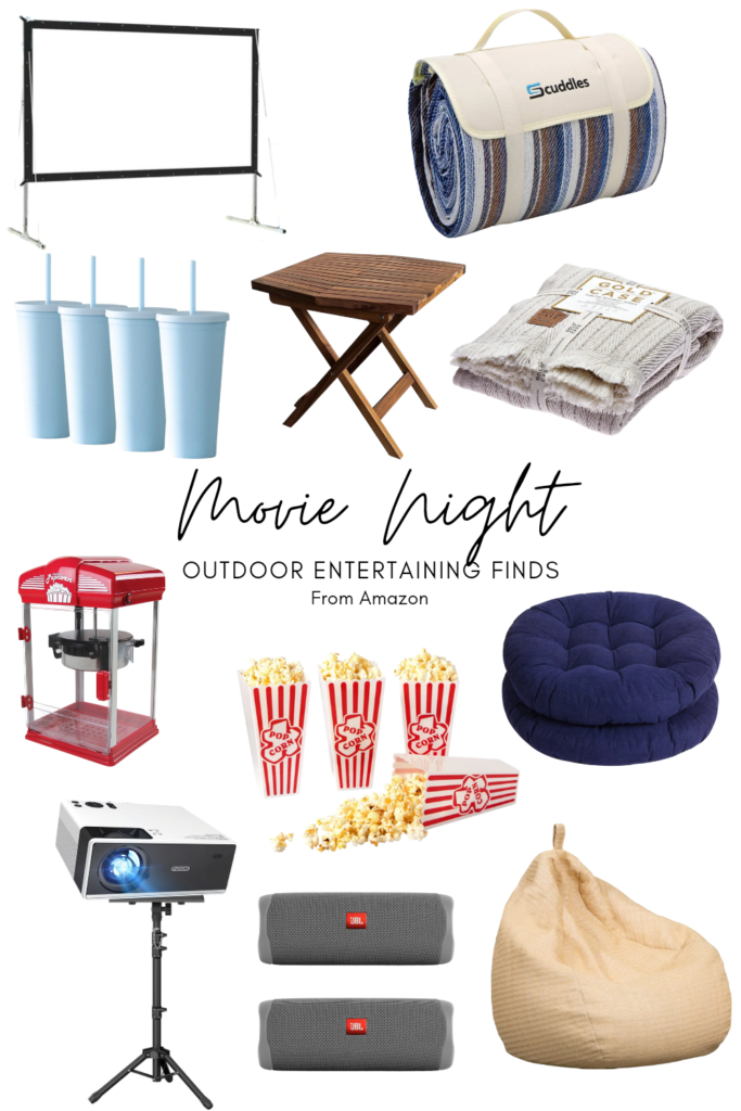 Outdoor movie products- including projector, screen, speakers, seating, blankets, popcorn maker, cups and a table.