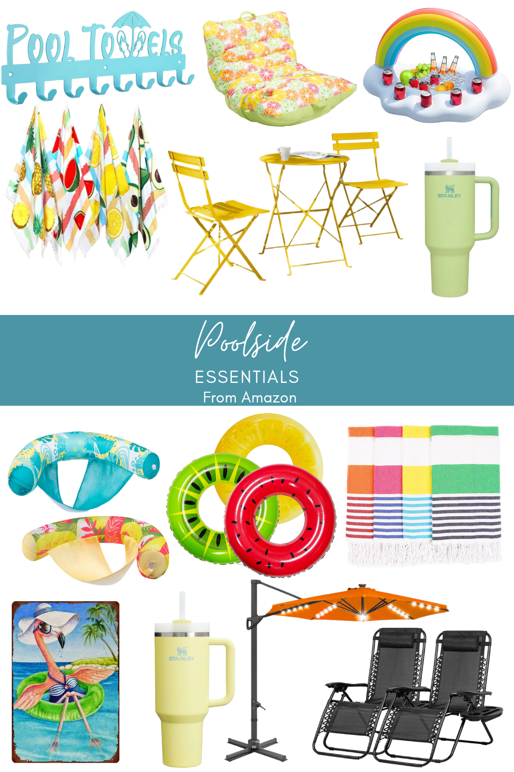 Colorful poolside products: lounge chairs, bistro set, pool Floats, drinkware, umbrella, towels, and more.