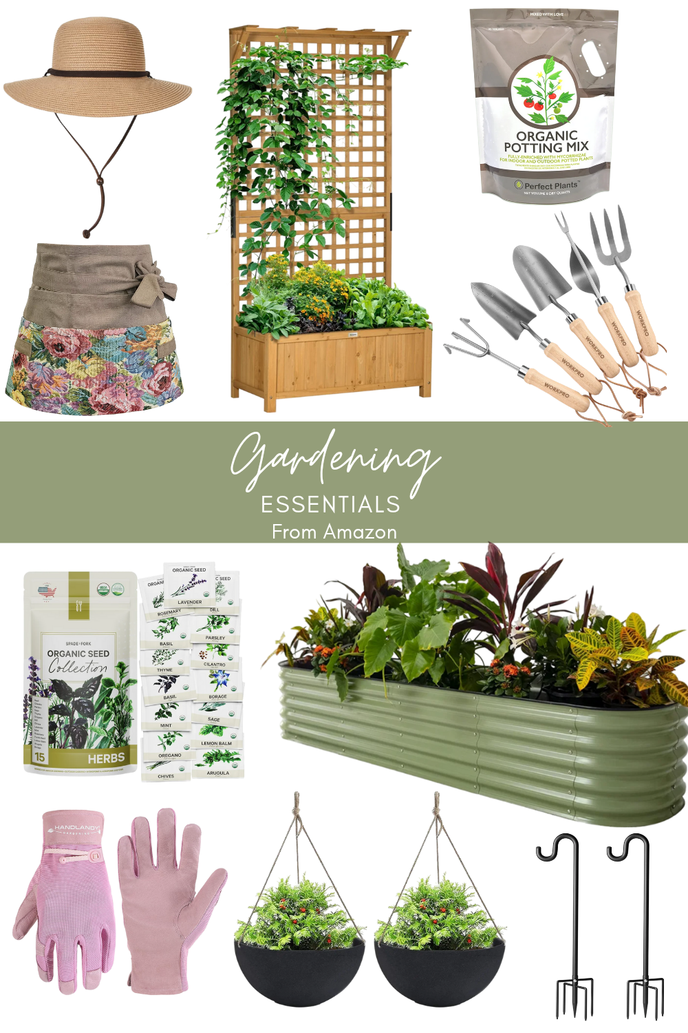 Home garden products: raised garden bed, garden tools, sun hat, apron, gloves, seeds, planters, and more.