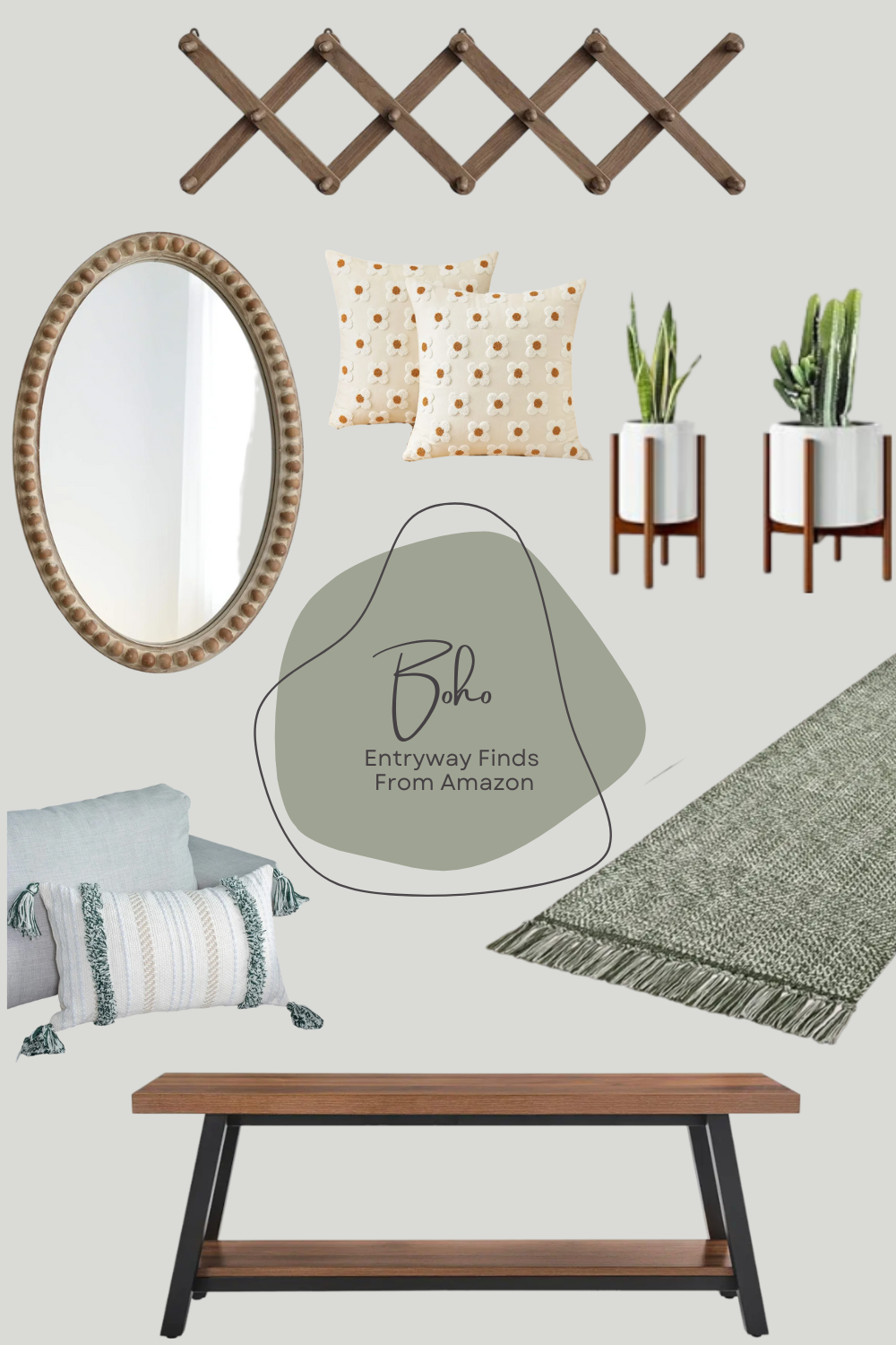 Products For a boho style entryway- mirror, bench, accent pillows, coat/hat rack, Plant stand