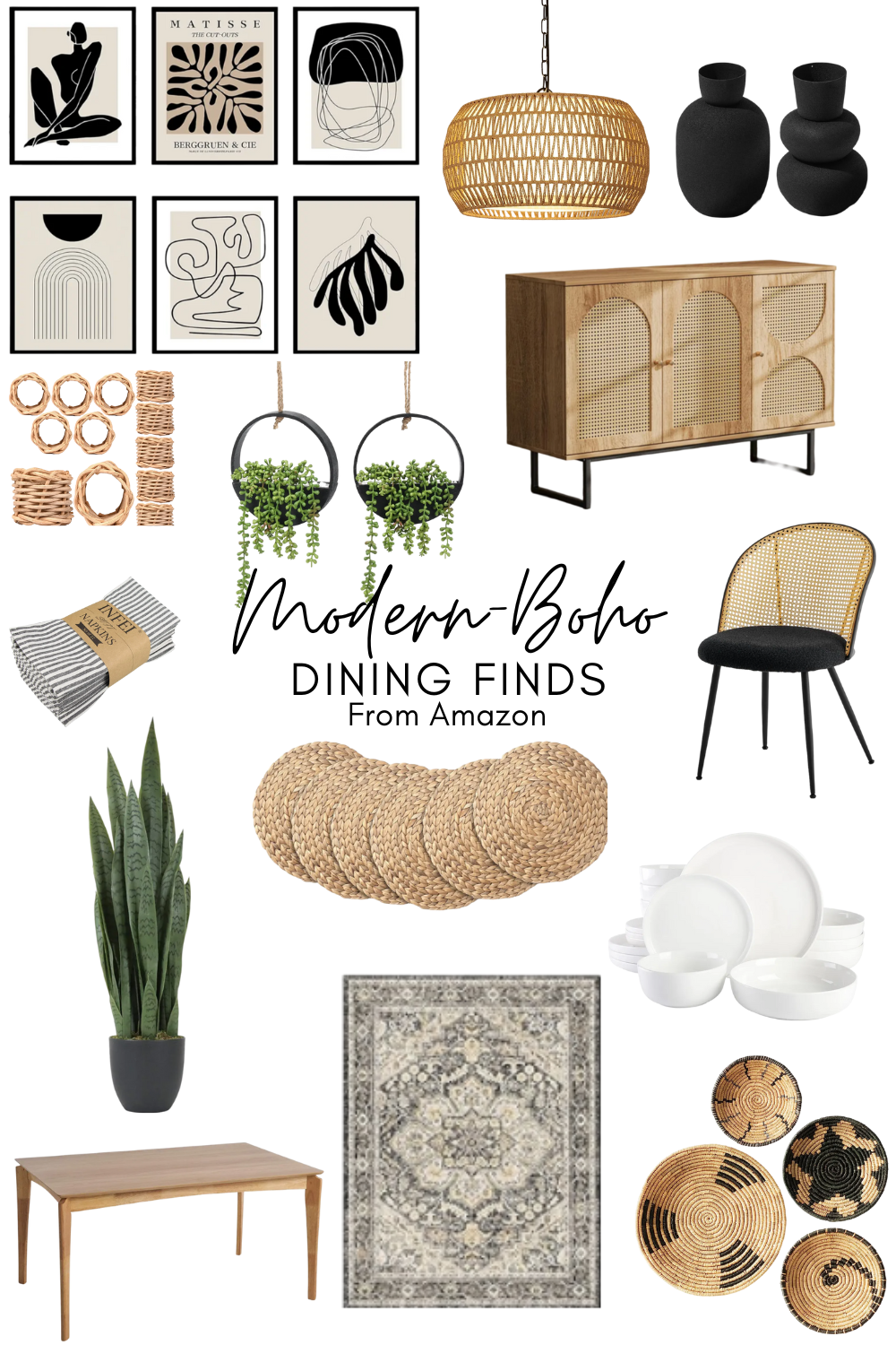 Modern boho style dining room products: dining table and chairs, console table, light fixture, rug, wall decor, and other home decor for a dining room.