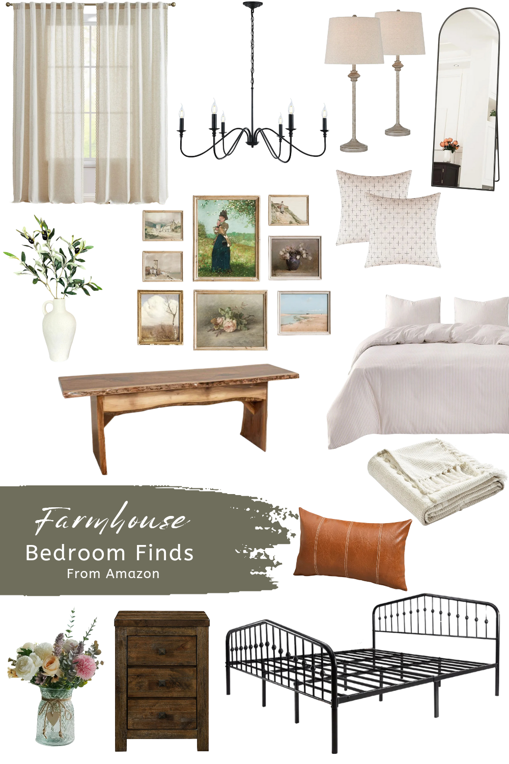 Products For a farmhouse bedroom: bed, bedding, bench, lighting, wall art, curtains, Nightstand, decorative accents, and more.