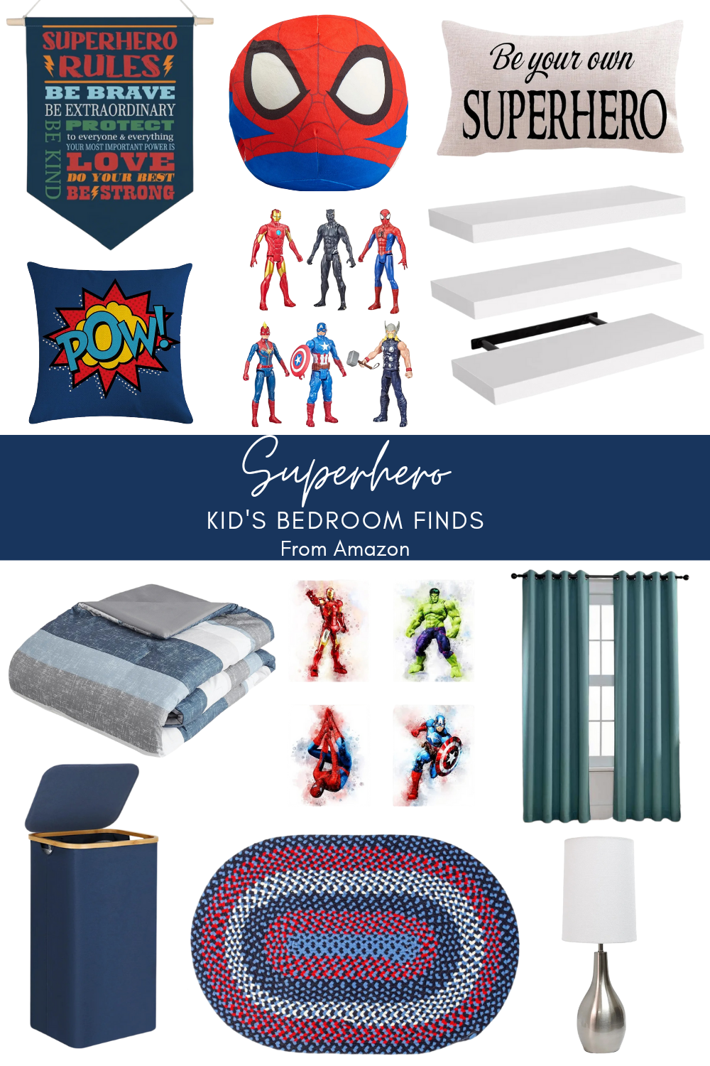 super hero bedroom decor: comforter, curtains, Hamper, rug, table lamp, wall decor, and other Kid's bedroom home decor.