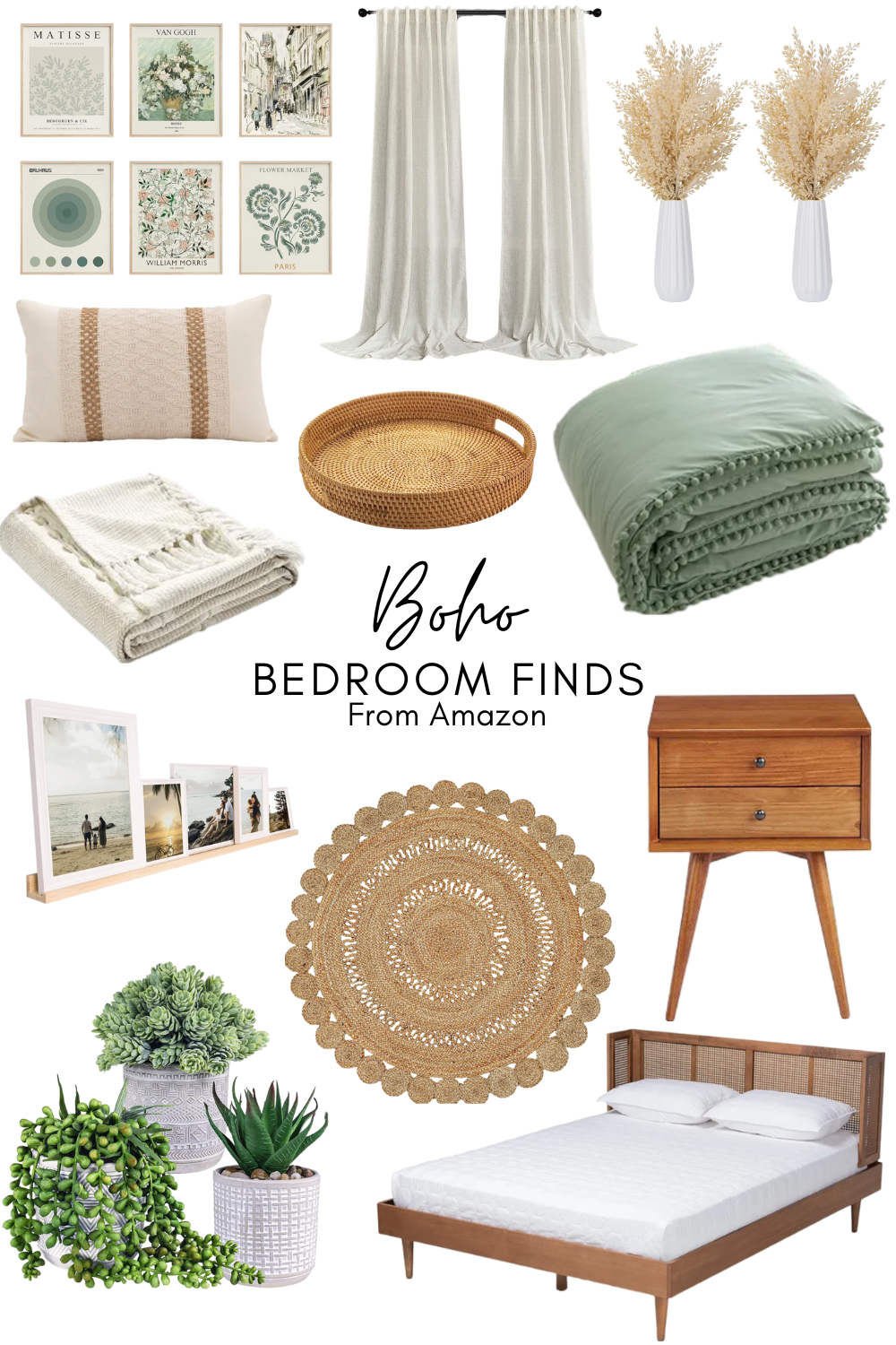 Products For a boho style bedroom- bedding, curtains, greenery, wall art, rug, night stand, bed, and more