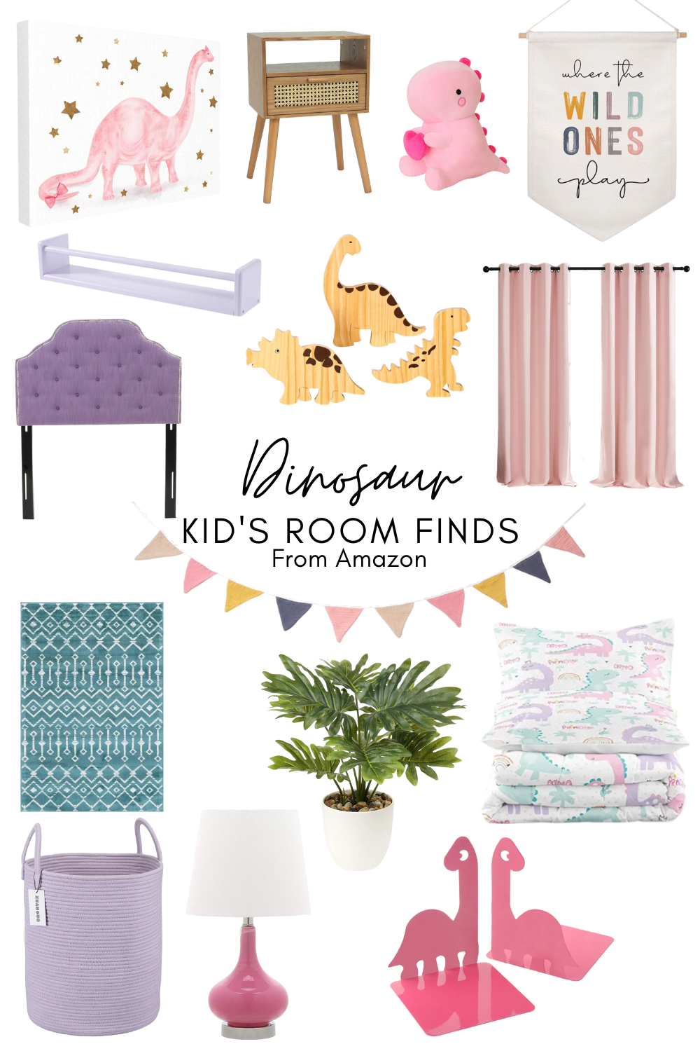 Girl's dino themed bedroom decor: bedding, headboard, curtains, Nightstand, rug, lamp, wall art, and more.