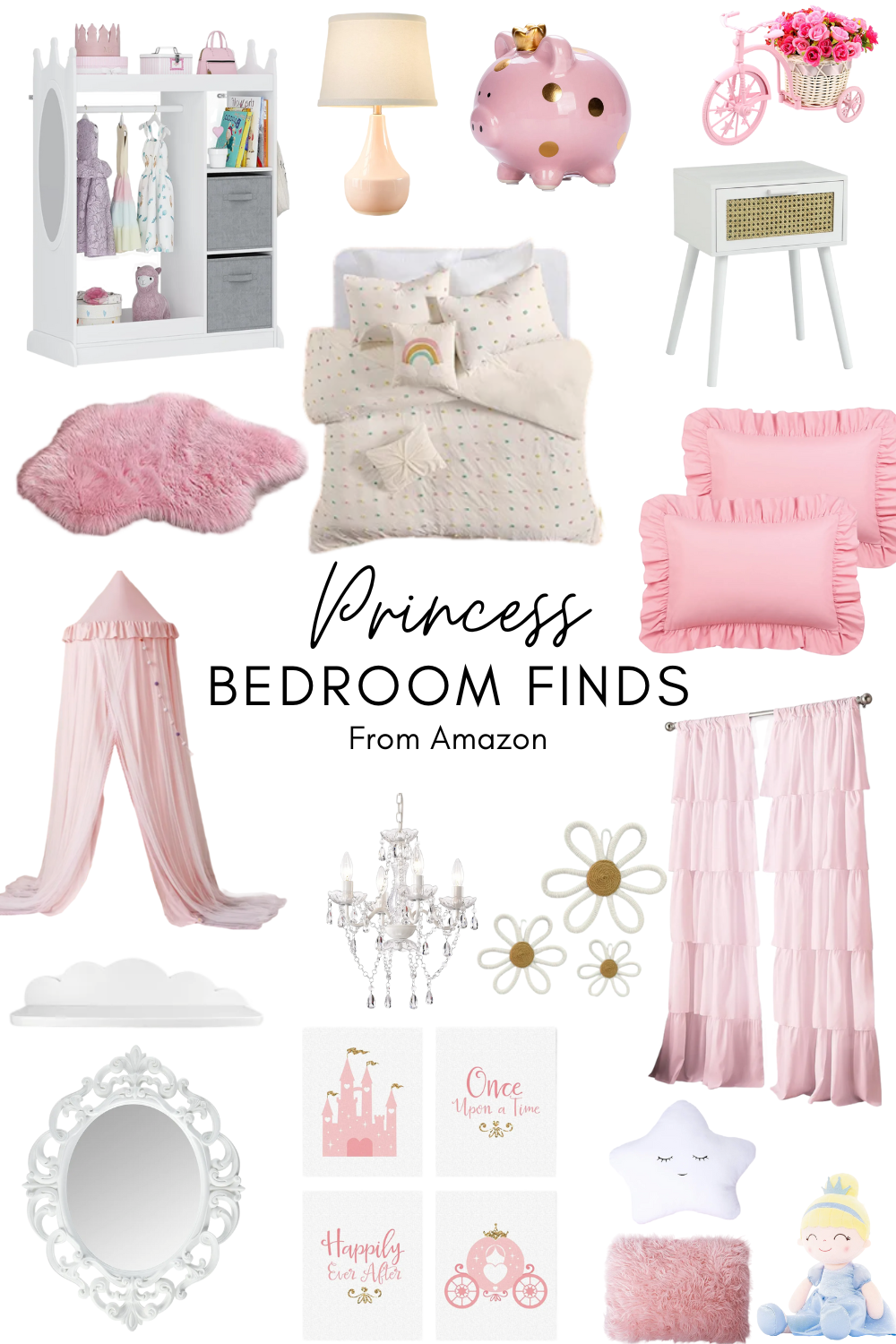 Products For a princess bedroom: bedding, curtains, Nightstand, pillows, mirror, dress up station lamp, wall decor, chandelier, rug, and more.