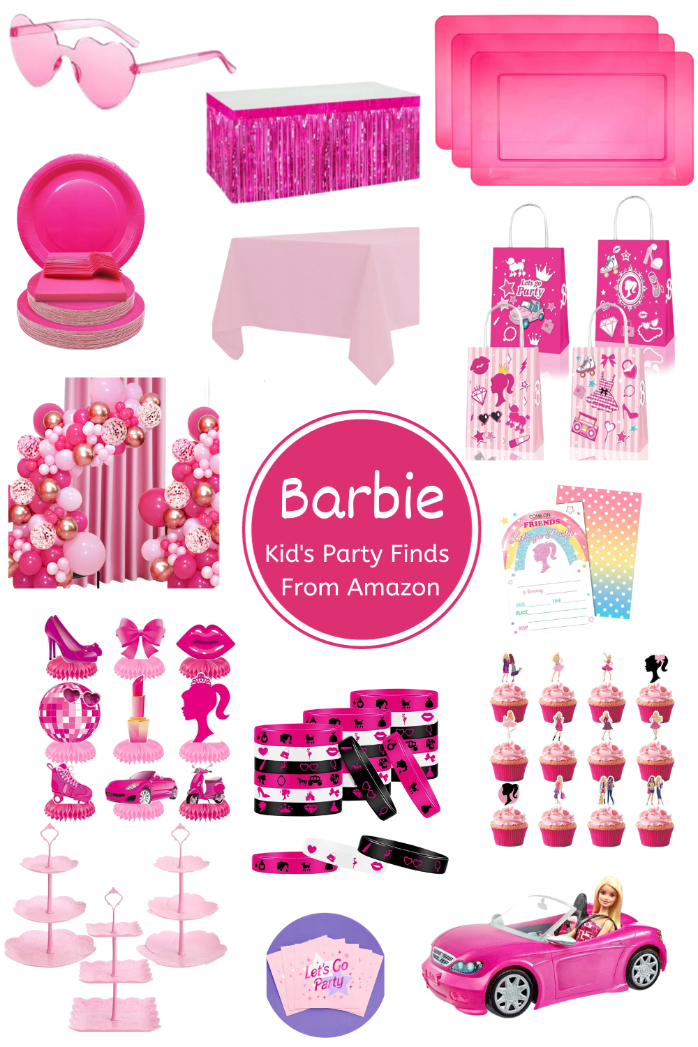 Products For a Barbie themed birthday party: table clothes, paper plates, table decor, balloon arch, favors, invitations, and more.