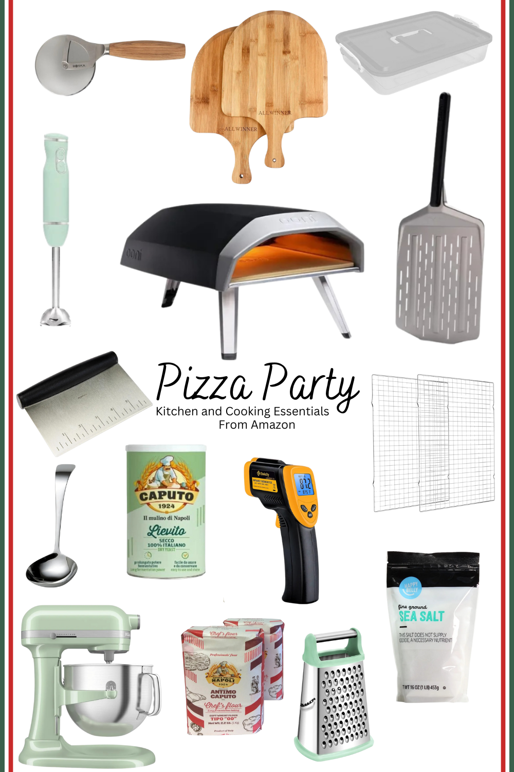 Products For making homemade pizza: ooni oven, pizza peels, mixer, pizza cutter, flour, salt, yeast, container, ladel, cheese grater, and more.