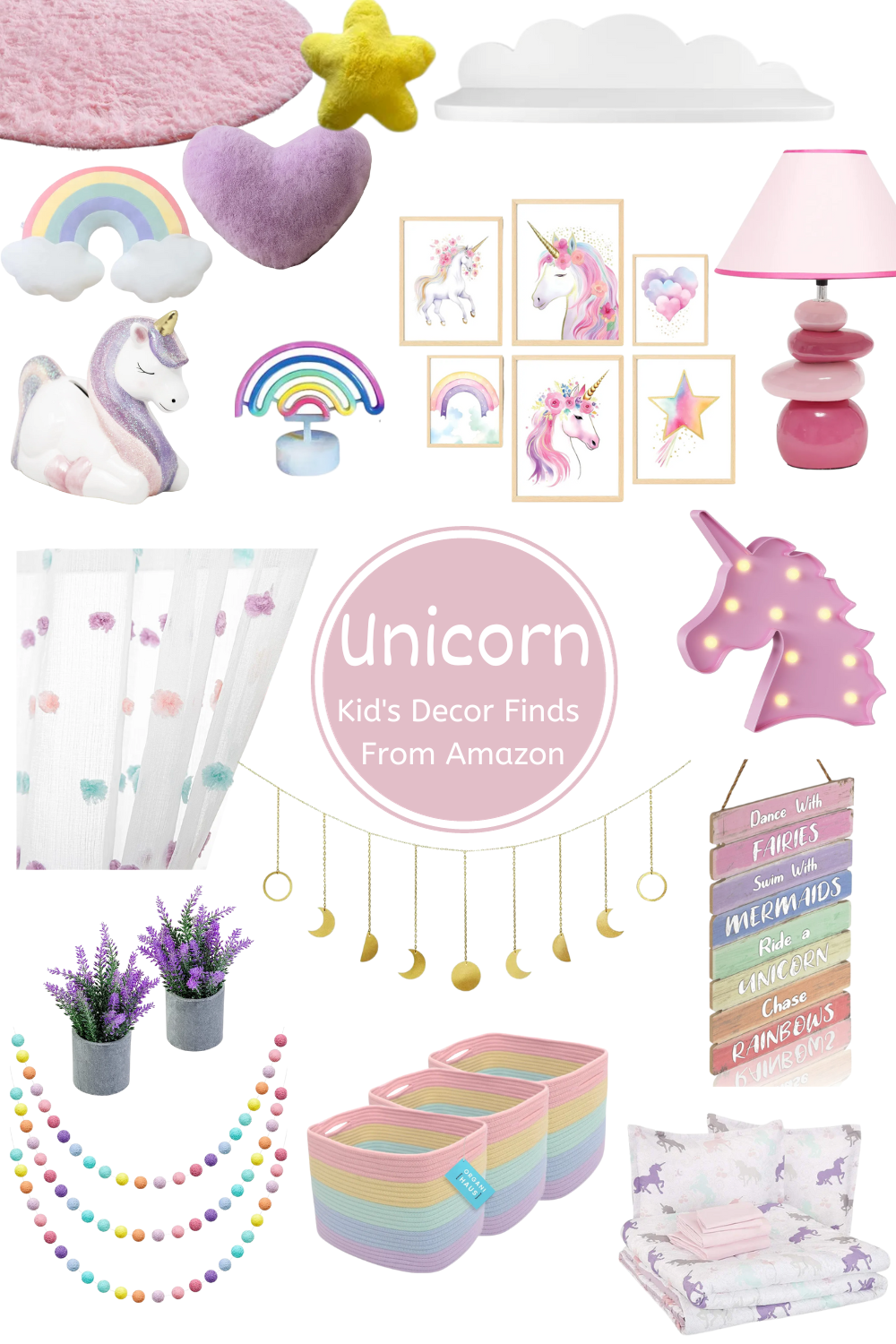 Products For a Unicorn bedroom: bedding, curtains, storage bins, lamp, area rug, pillows, wall decor, floating shelf, and more decor.