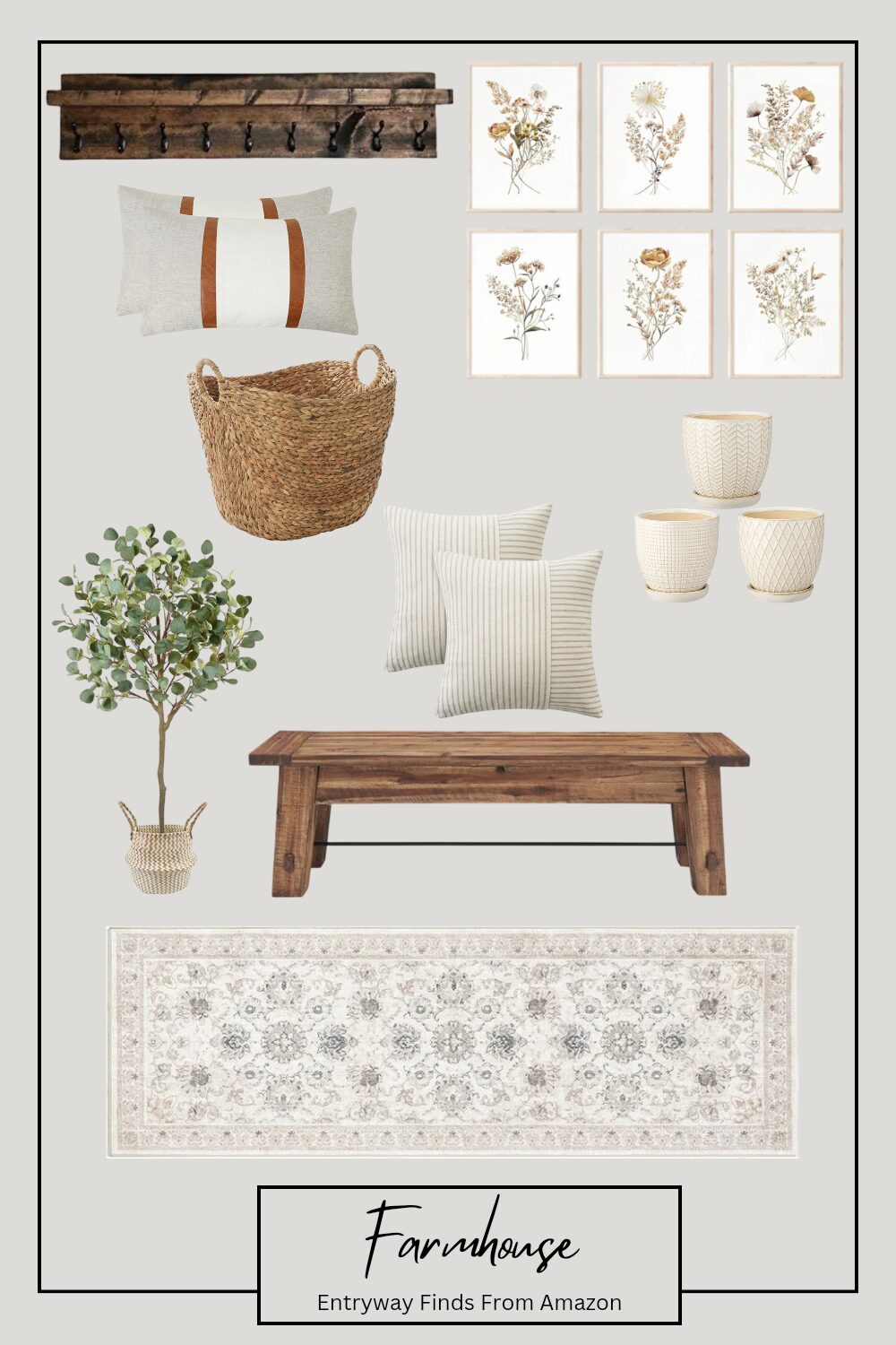 Products For a farmhouse inspired entryway: bench, rug, shelf with Hooks, wall decor, pillows, storage basket, and more