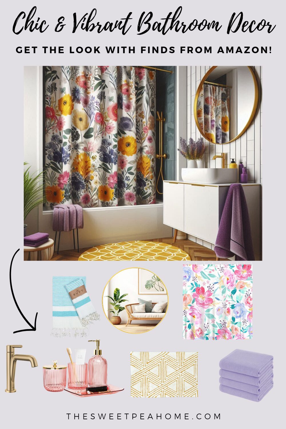 A photo of a vibrant bathroom with a floral shower curtain, gold accents, purple towels, and a yellow bath mat, and recommended products from Amazon to match the photo below.