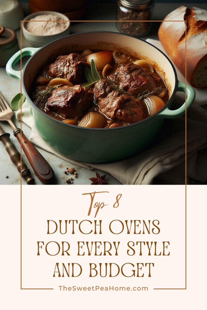 Green dutch oven with cooked meat in it.