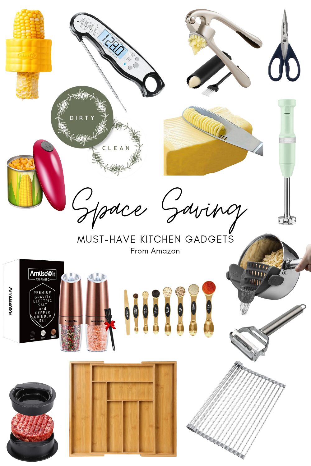 Space Saving Kitchen gadgets- Shears, measuring spoons, burger press, salt and pepper dispensers, garlic press, Immersion Blender, can opener, and more