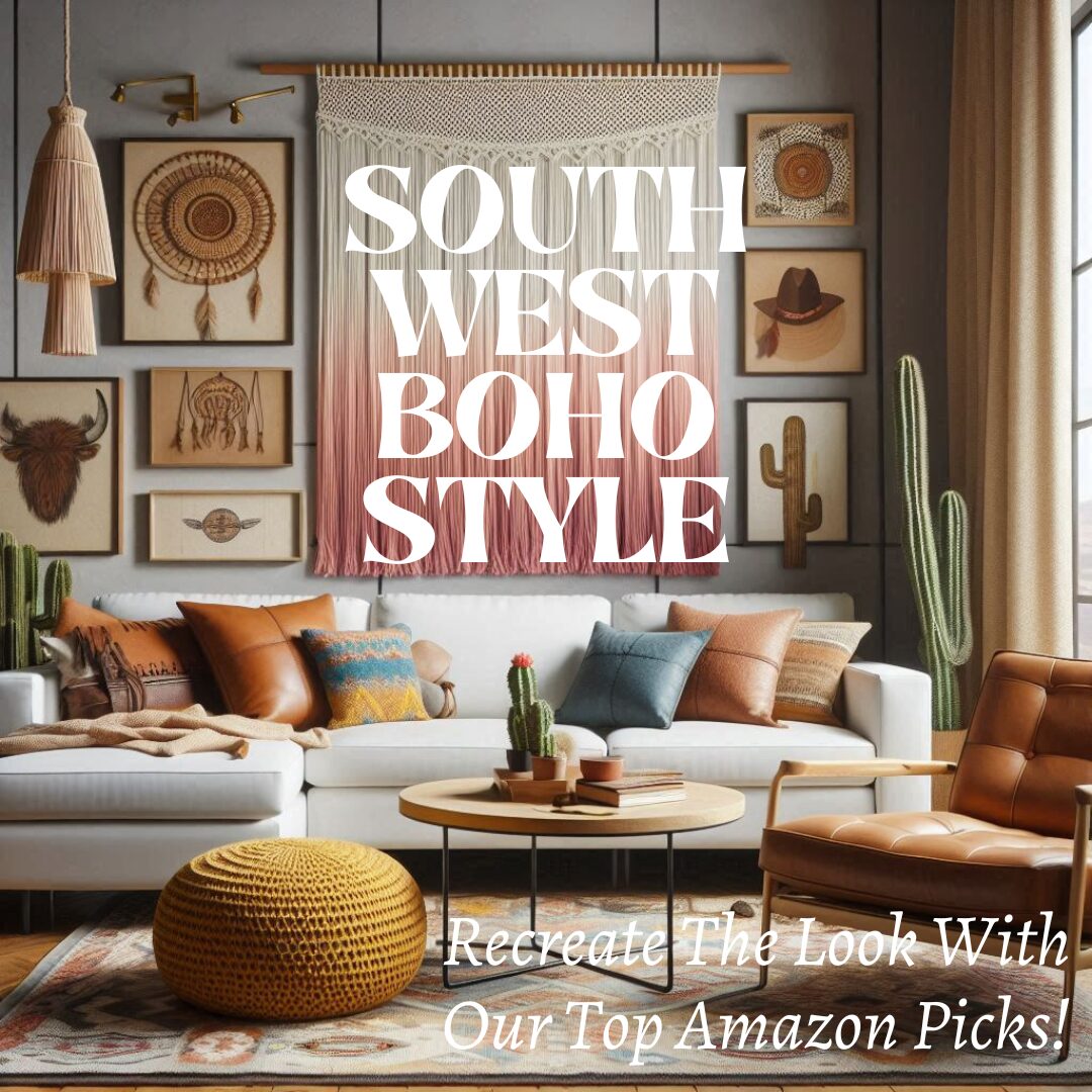 Southwest Boho style living room. White couch, Patterned rug, Linen curtains, Macrame wall hanging, yellow floor pouf, leather accent chair, potted cactus, and more.