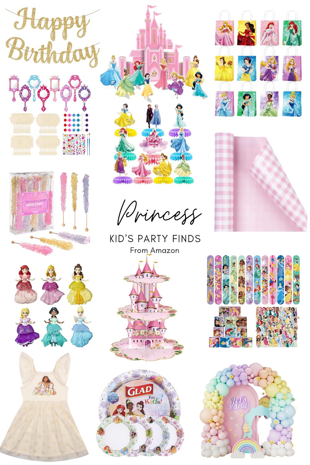 Amazon finds for a kids princess party: Dress, wrapping paper, Happy birthday banner, Cupcake stand, princess party favors, balloon arch, and more.