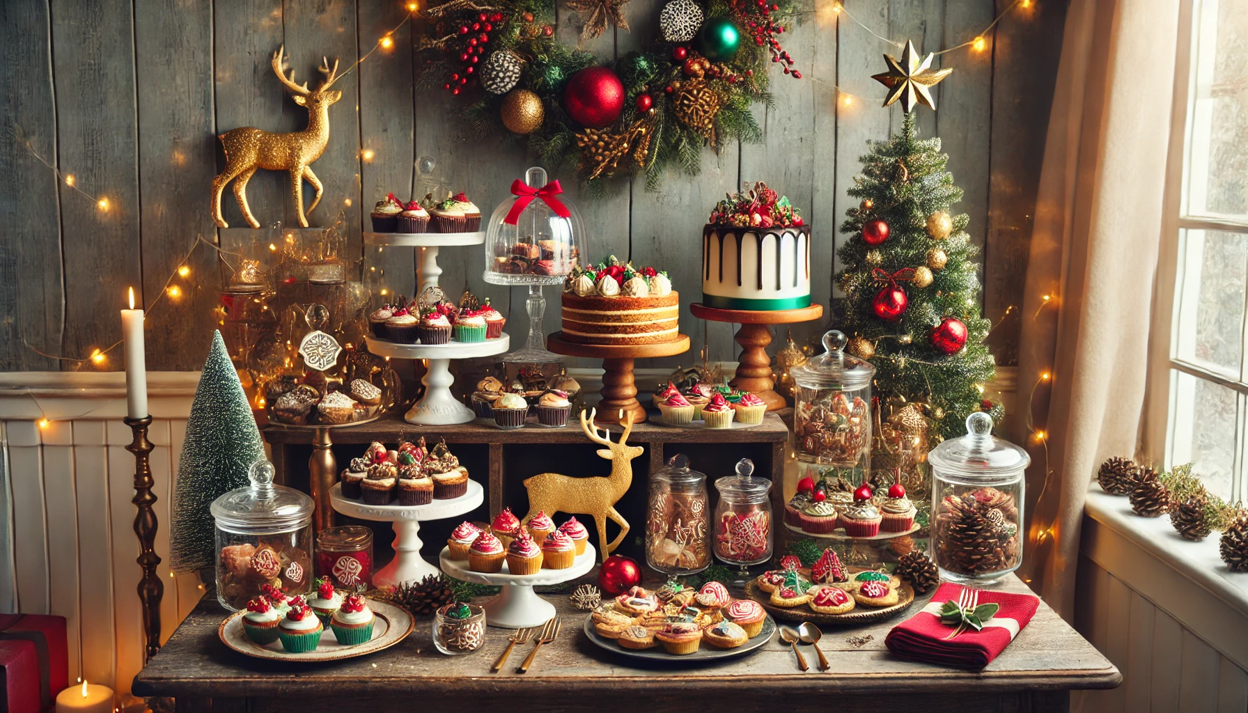 Photo of a christmas dessert table with a rustic stylr