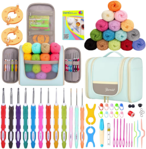 crochet kit for beginners, fiber arts, relaxing crafts, DIY gift ideas